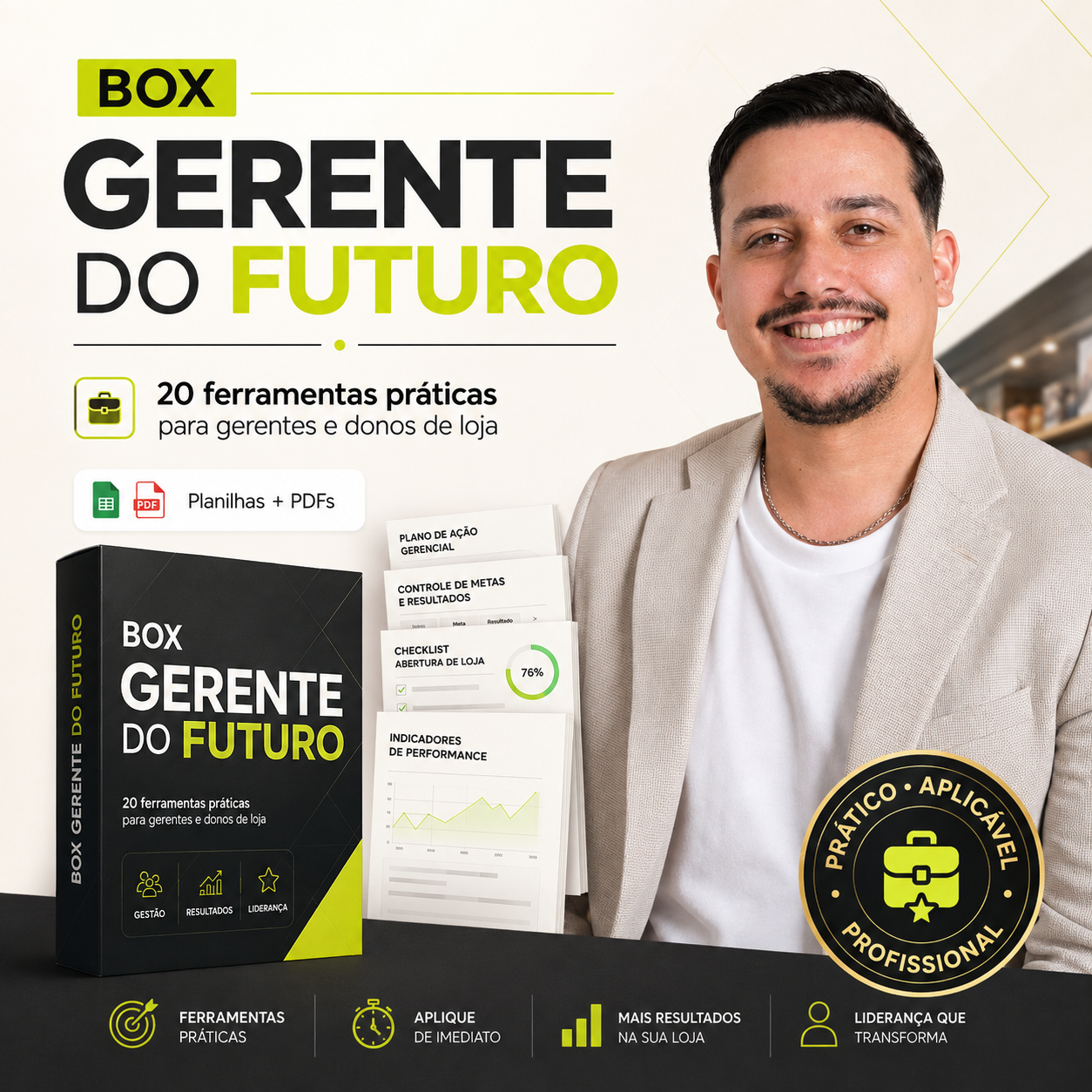 Mockup do BOX Gerente do Futuro com planilhas, PDFs e checklists